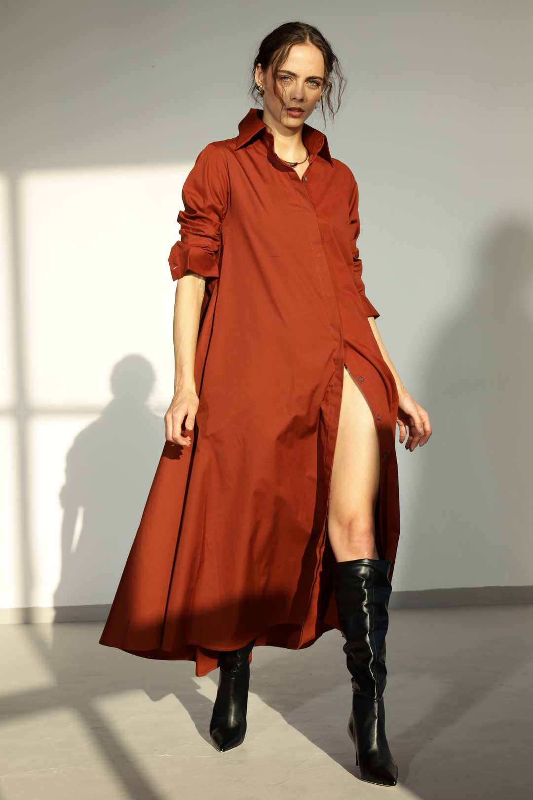 rust shirt dress Rust Belted Shirt Dress Aditi & Pallavi