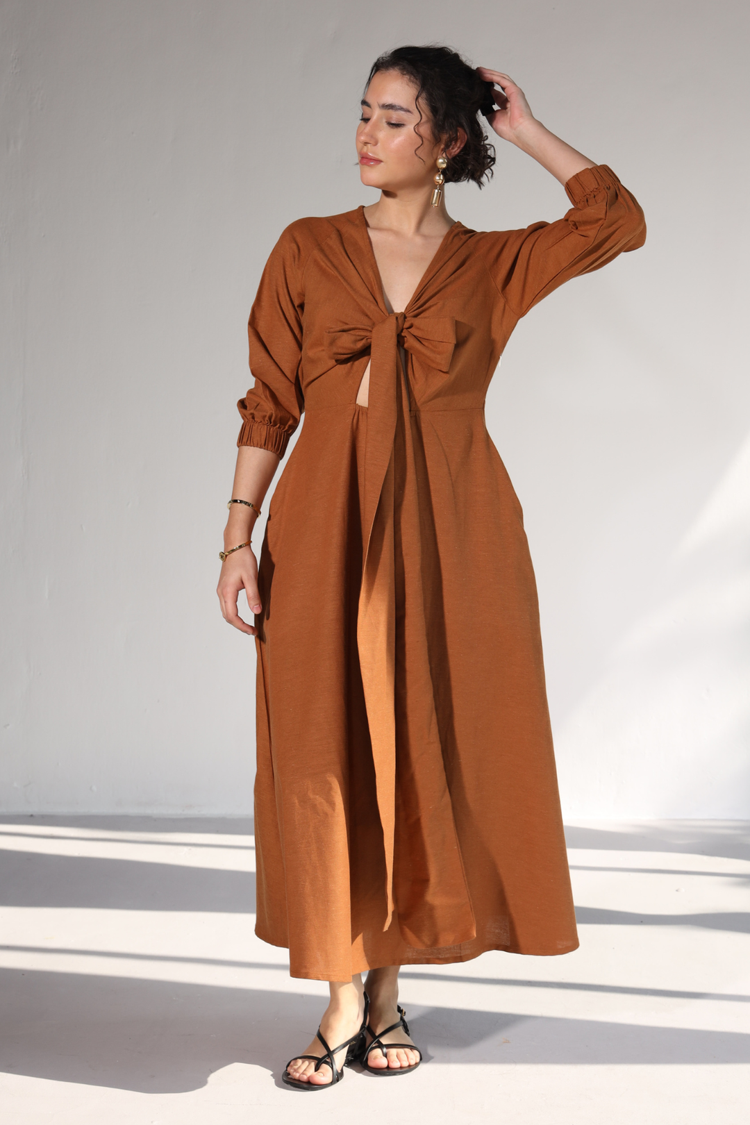 Roxane Bowtie Dress- Honey Mustard