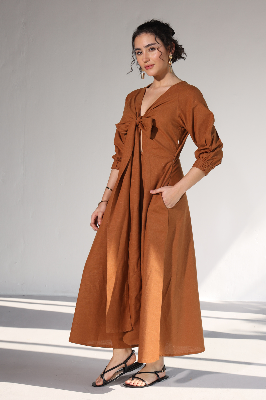 Roxane Bowtie Dress- Honey Mustard