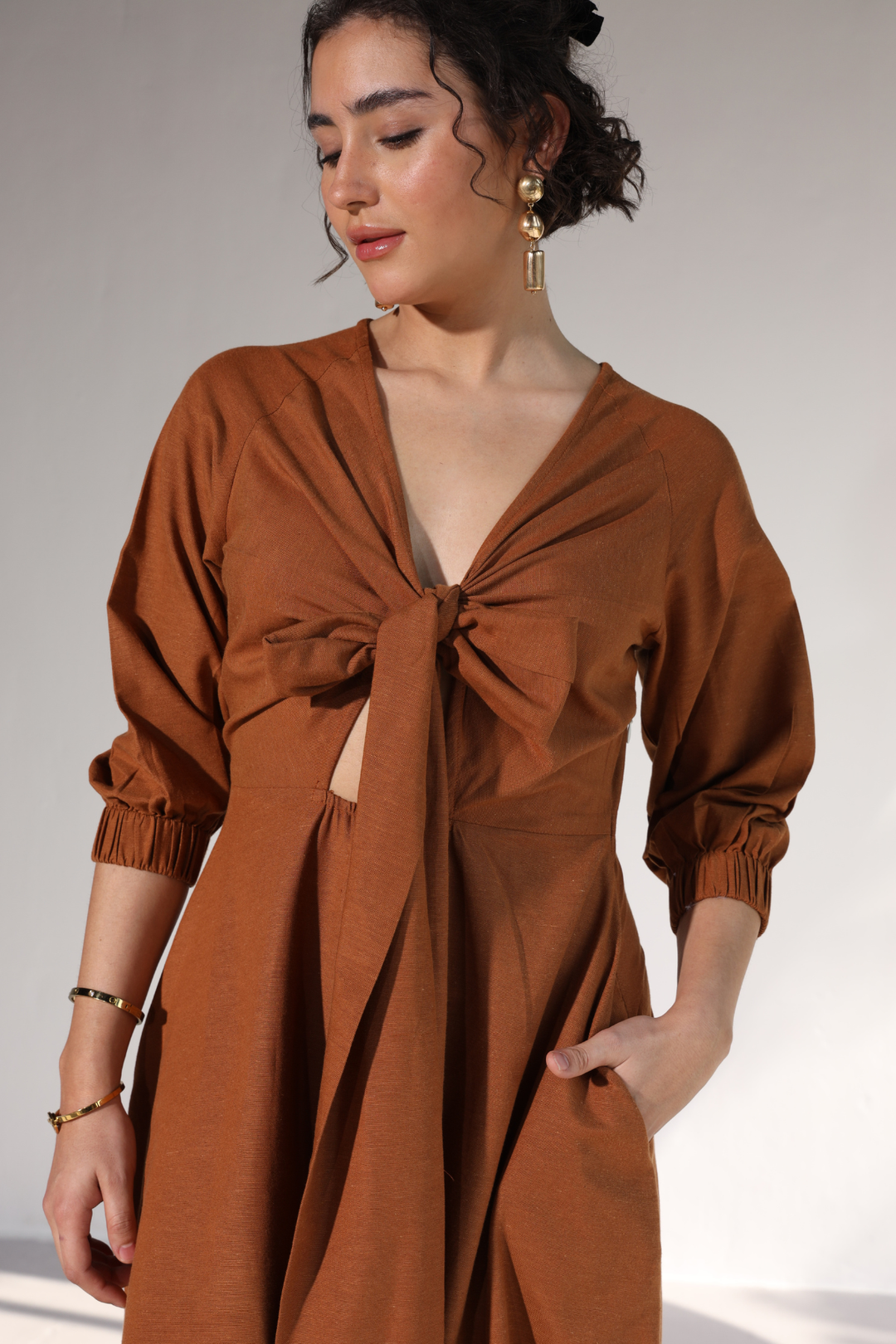 Roxane Bowtie Dress- Honey Mustard