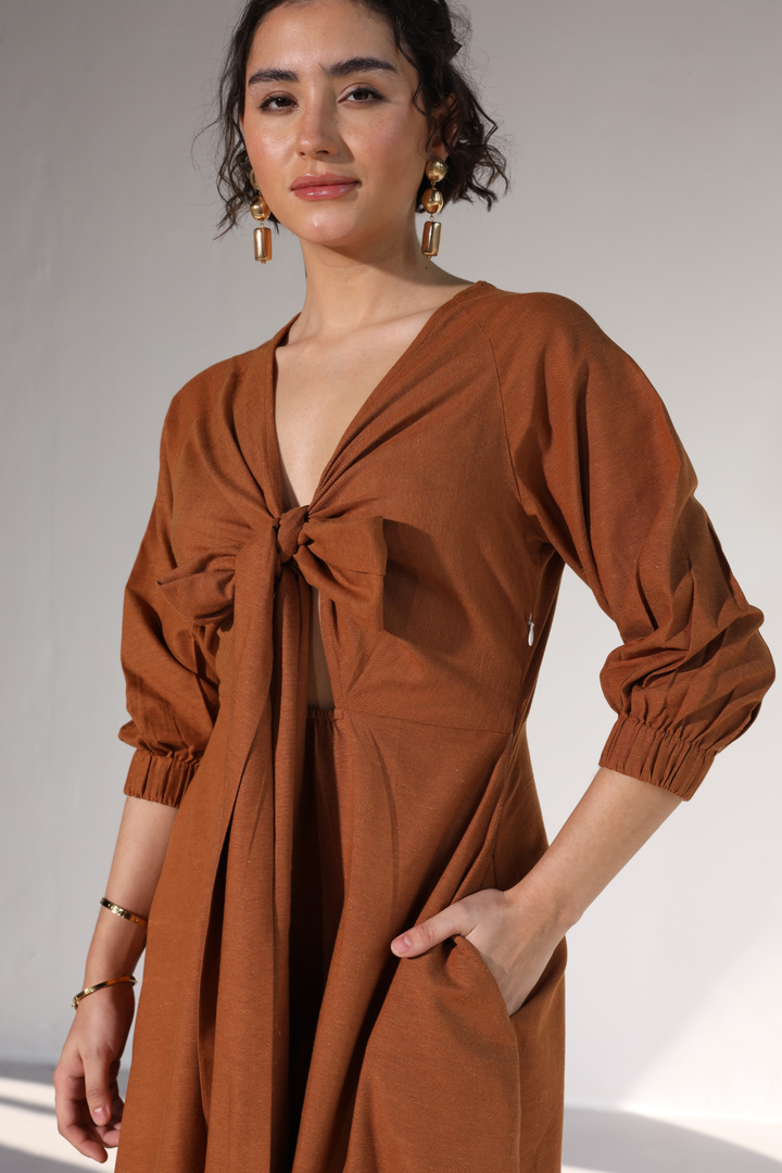 Roxane Bowtie Dress- Honey Mustard